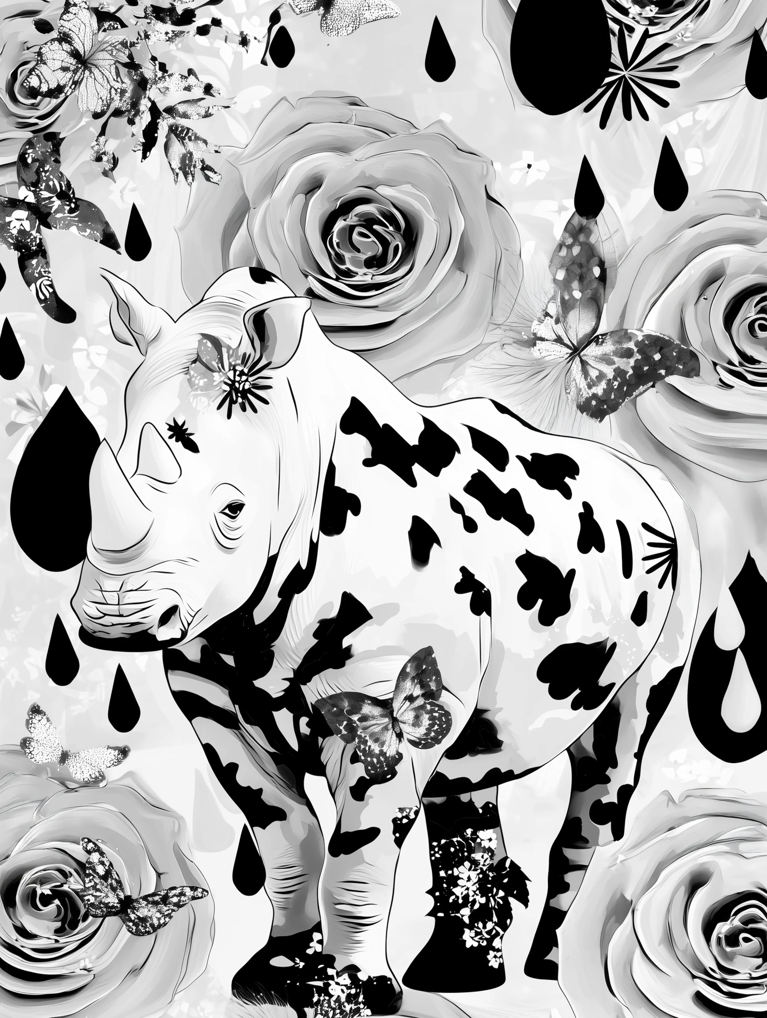 Free printable rhino coloring pages for adults featuring raindrops above rhino